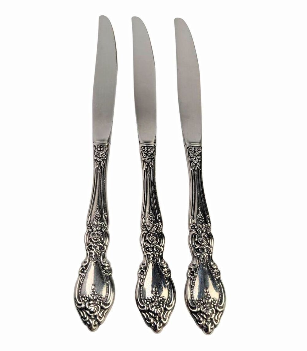 Oneida Wordsworth Ornate Floral stainless steel Metal Dinner Knives set of 3